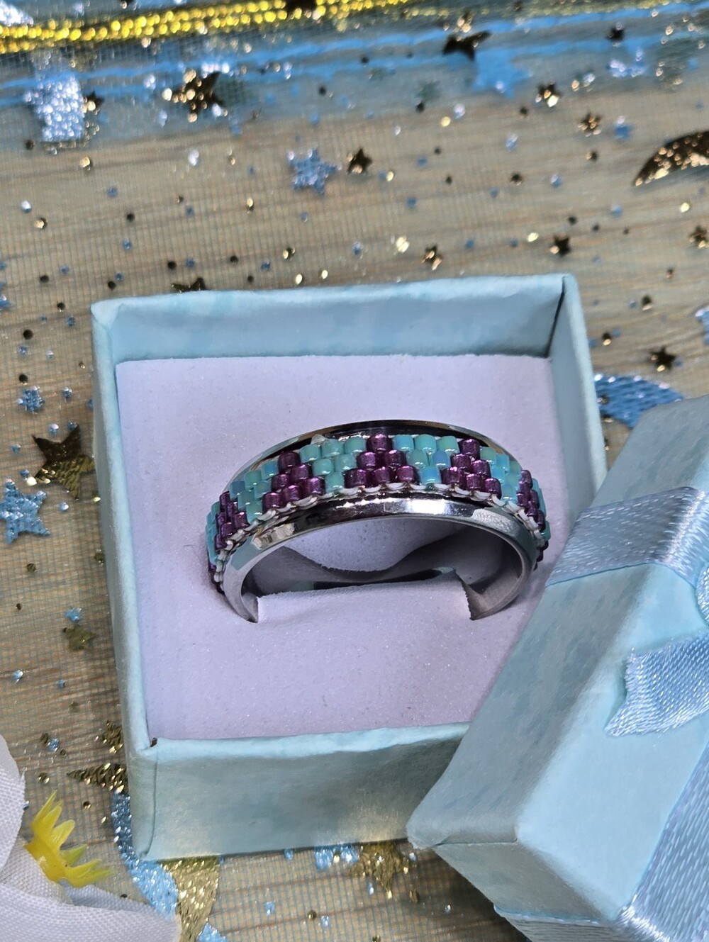 Beaded Pattern Silver Ring in Turquoise & Purple - Picture 3 of 8